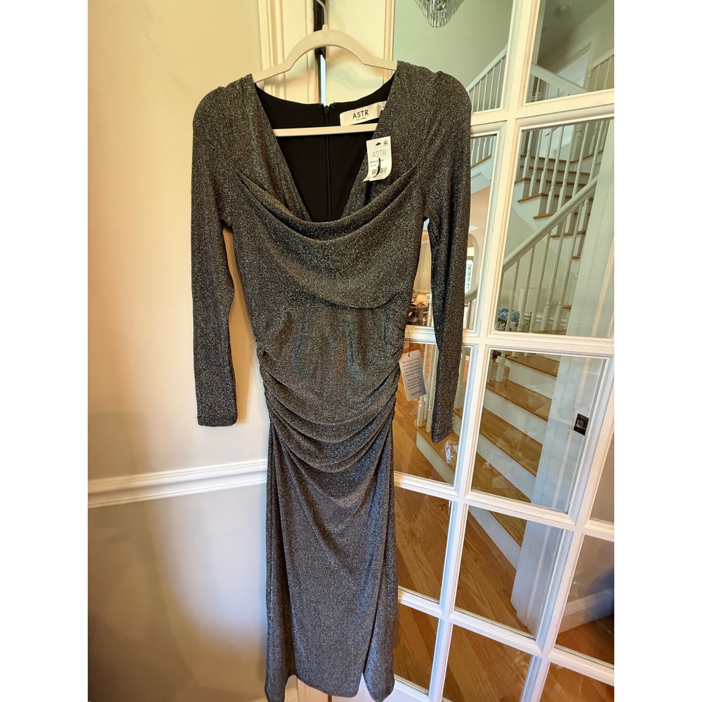 ASTR The Label Silver Metallic Ruched Cowl Neck Midi Dress ADR10291 XS NEW